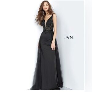 JVN by Jovani JVN02253 Ornate Plunging Bodice Long Overskirt Gown